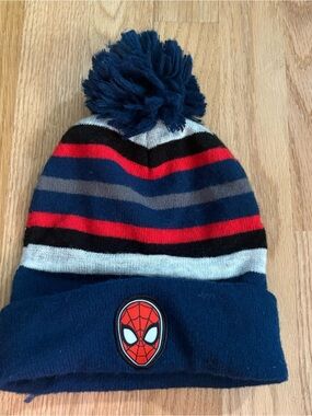 Spiderman Kids Pom Beanie Hat in Navy, Red & Gray Knit Blue